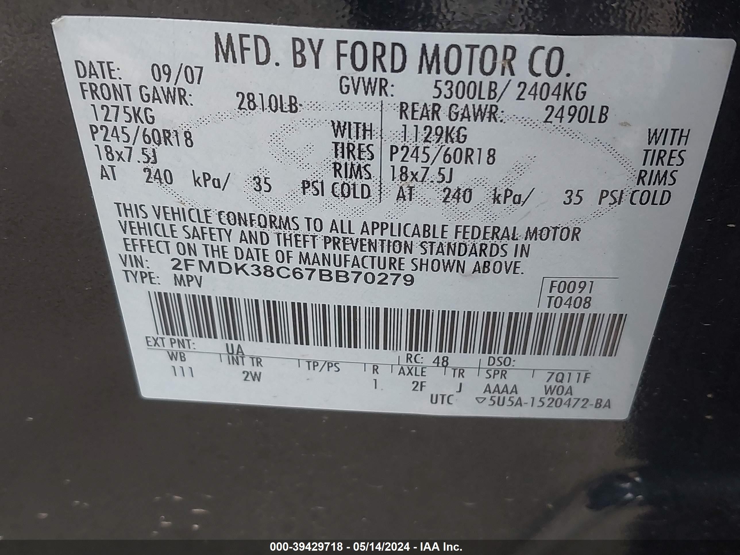 Photo 8 VIN: 2FMDK38C67BB70279 - FORD EDGE 