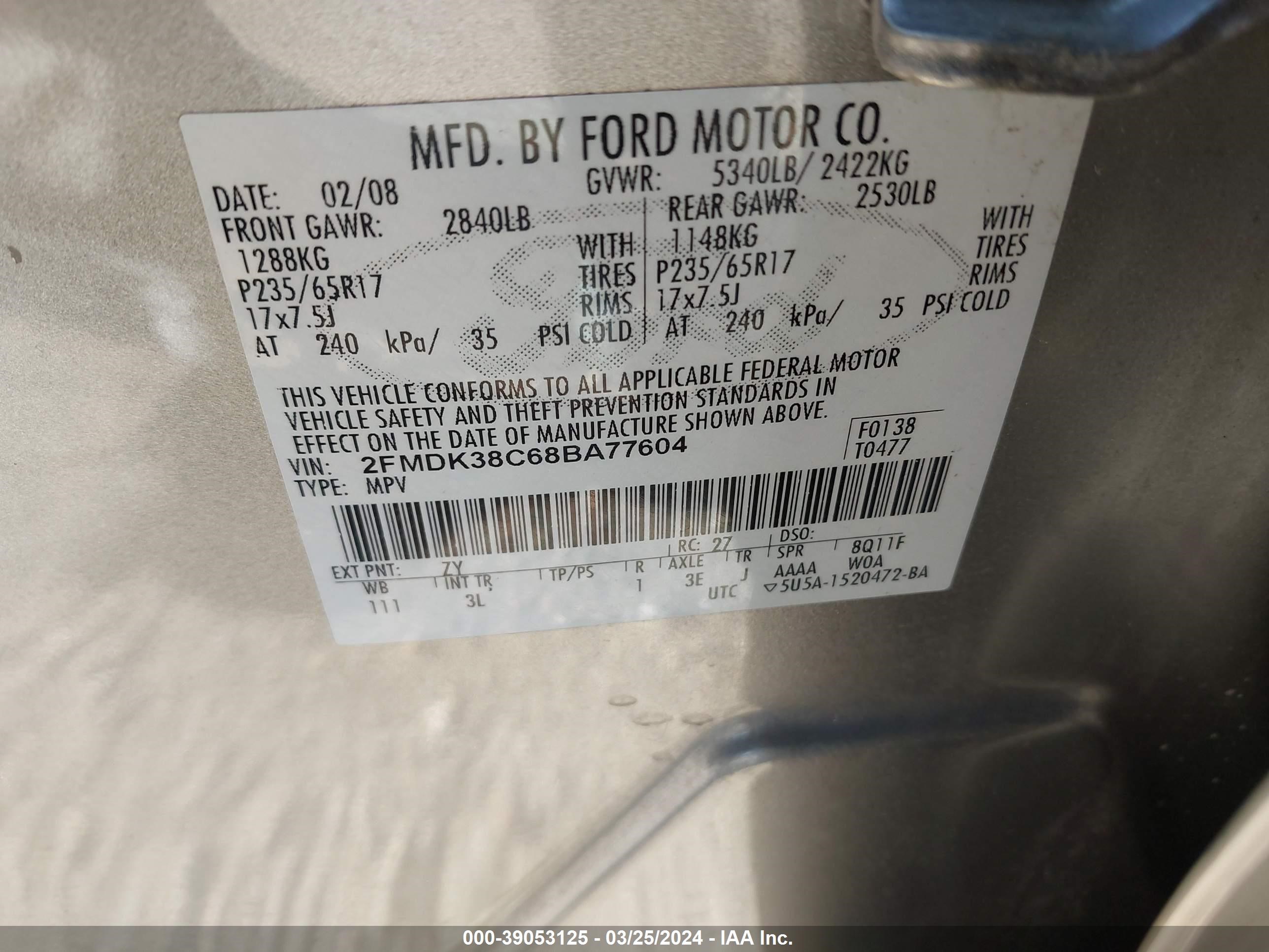 Photo 8 VIN: 2FMDK38C68BA77604 - FORD EDGE 