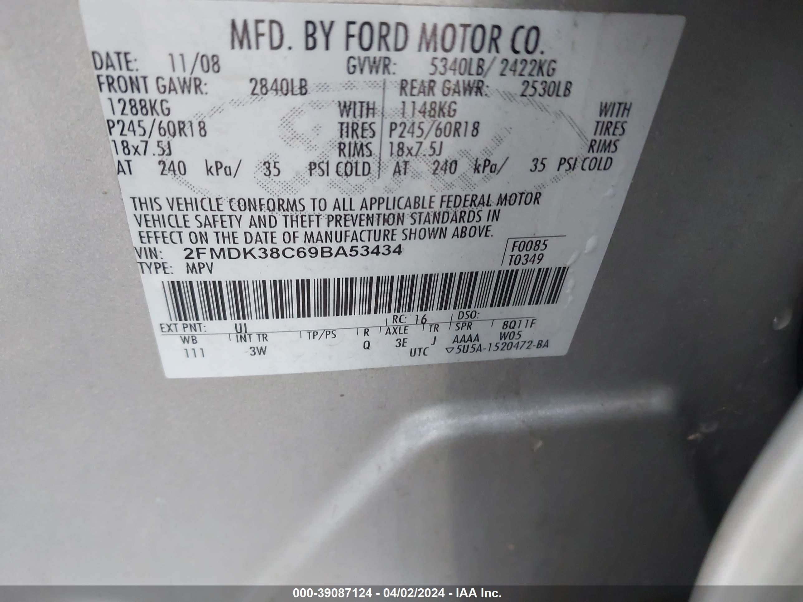 Photo 8 VIN: 2FMDK38C69BA53434 - FORD EDGE 