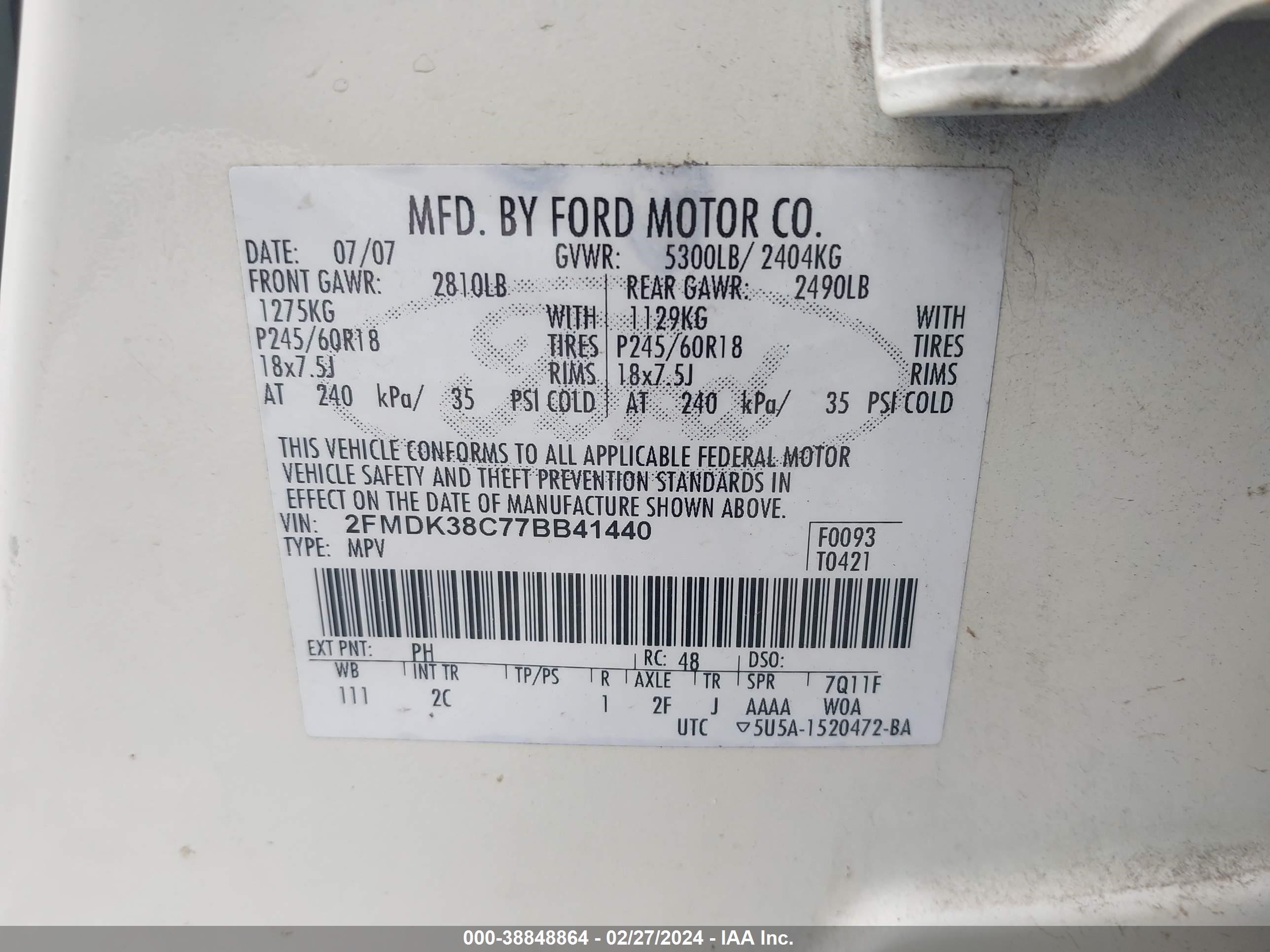 Photo 8 VIN: 2FMDK38C77BB41440 - FORD EDGE 