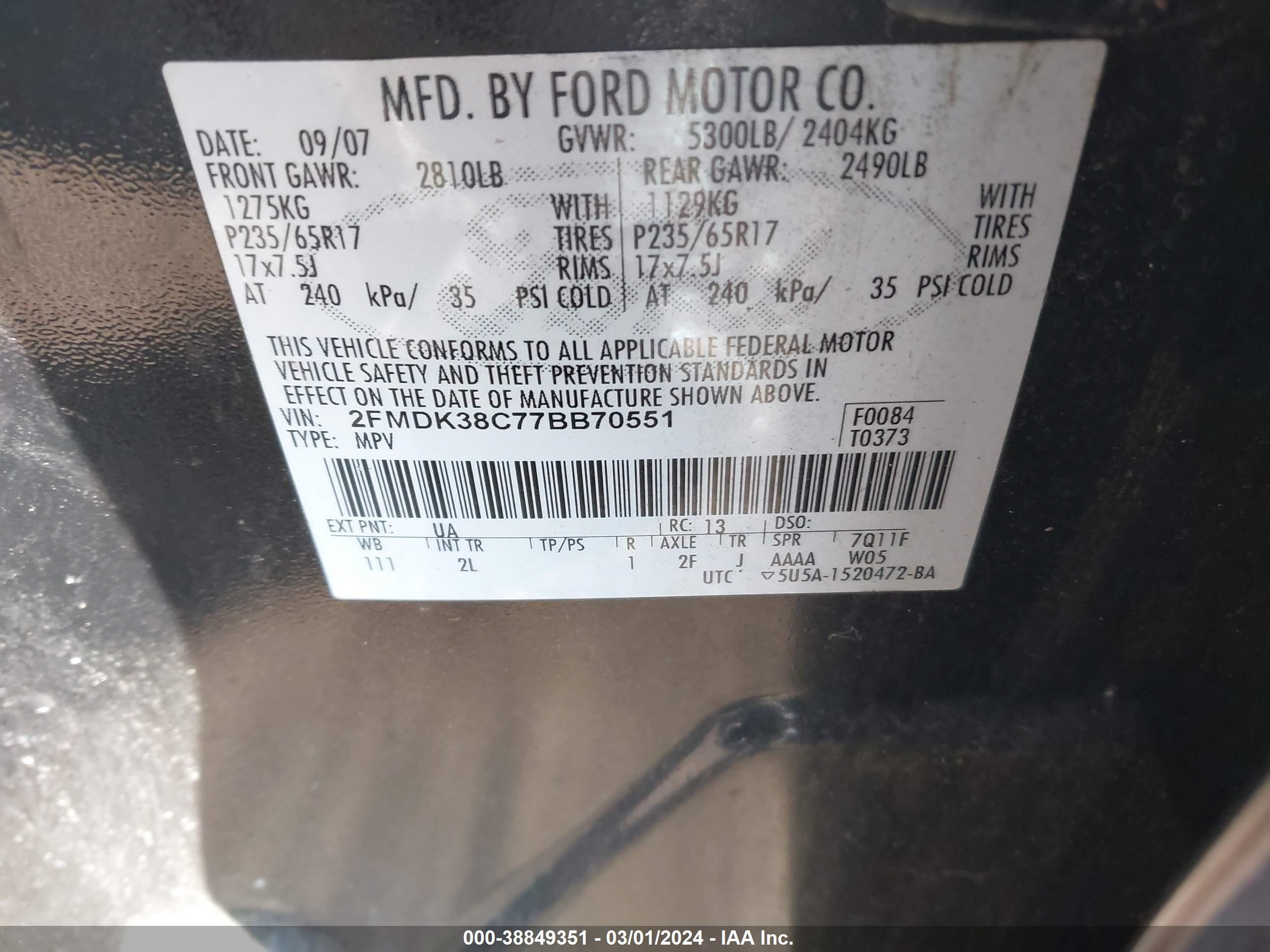 Photo 8 VIN: 2FMDK38C77BB70551 - FORD EDGE 