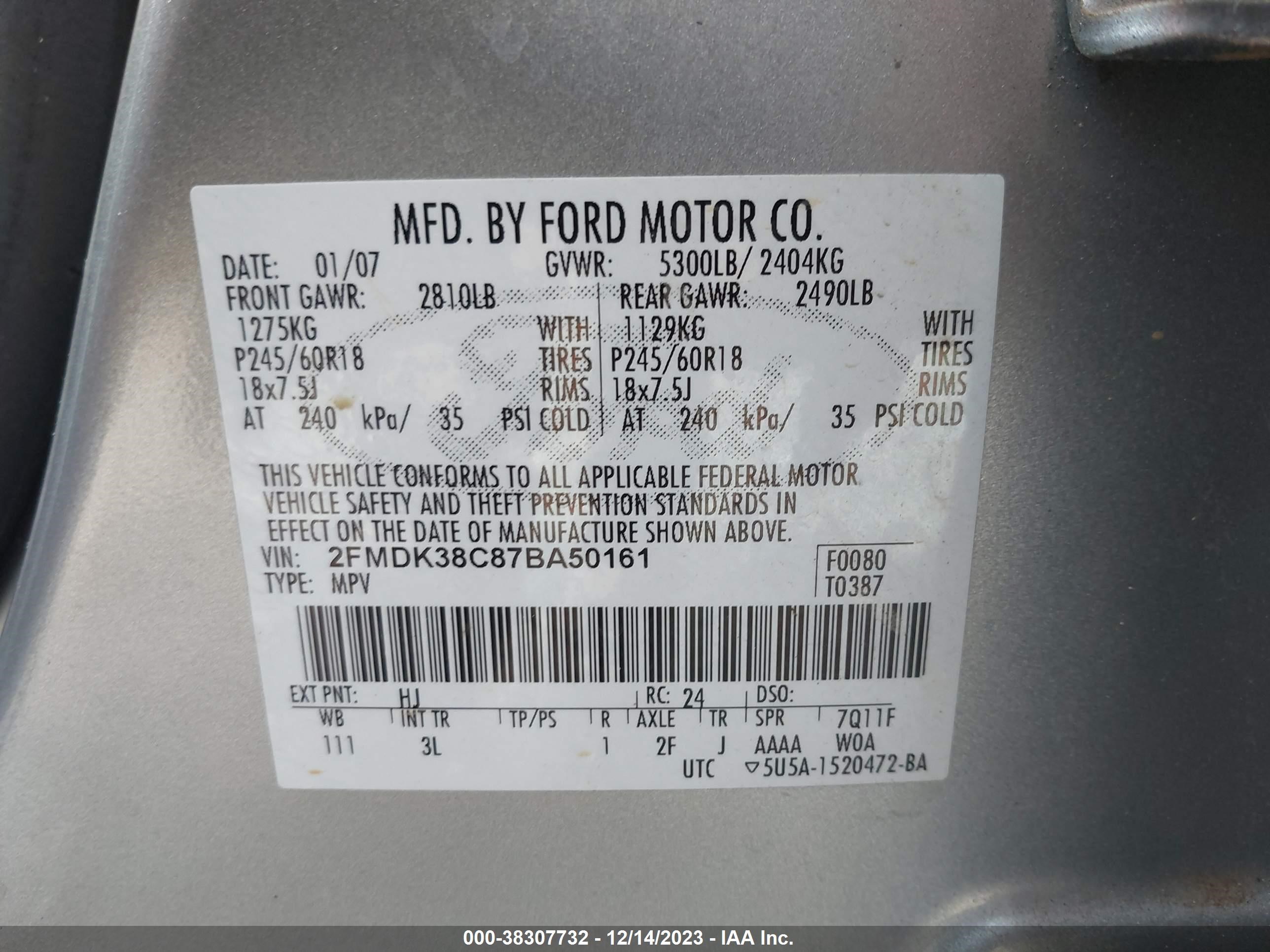 Photo 8 VIN: 2FMDK38C87BA50161 - FORD EDGE 