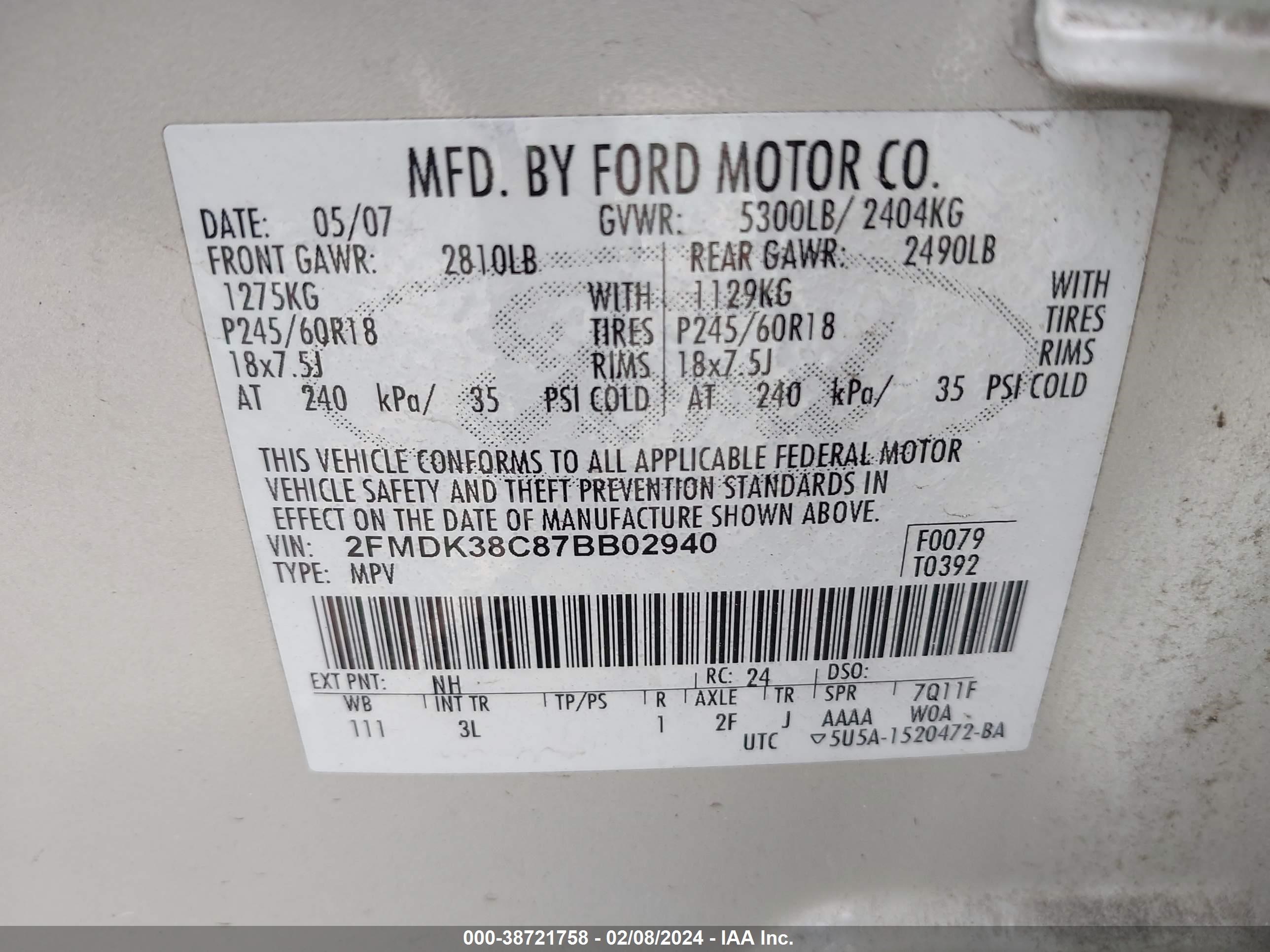 Photo 8 VIN: 2FMDK38C87BB02940 - FORD EDGE 