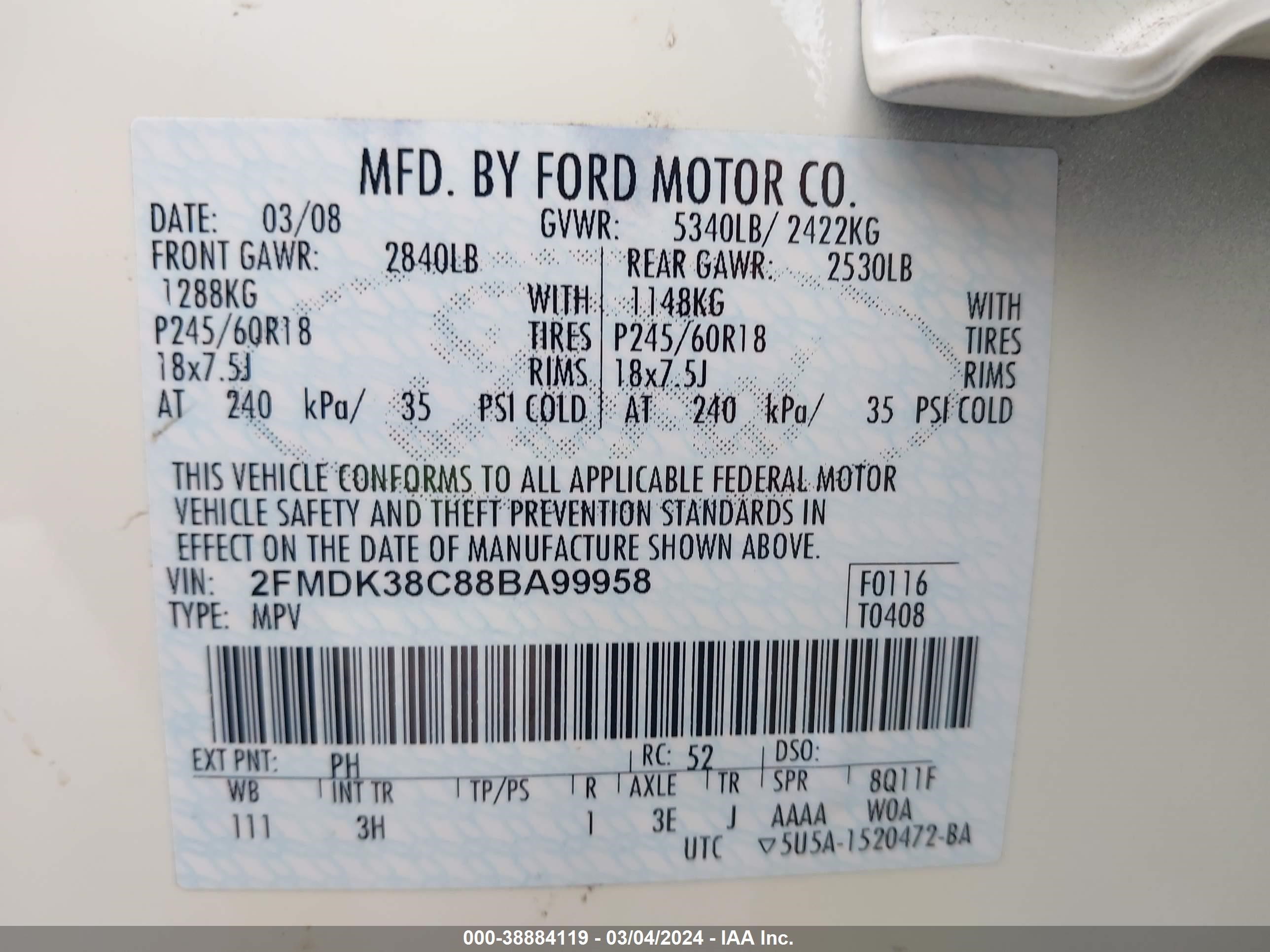 Photo 8 VIN: 2FMDK38C88BA99958 - FORD EDGE 