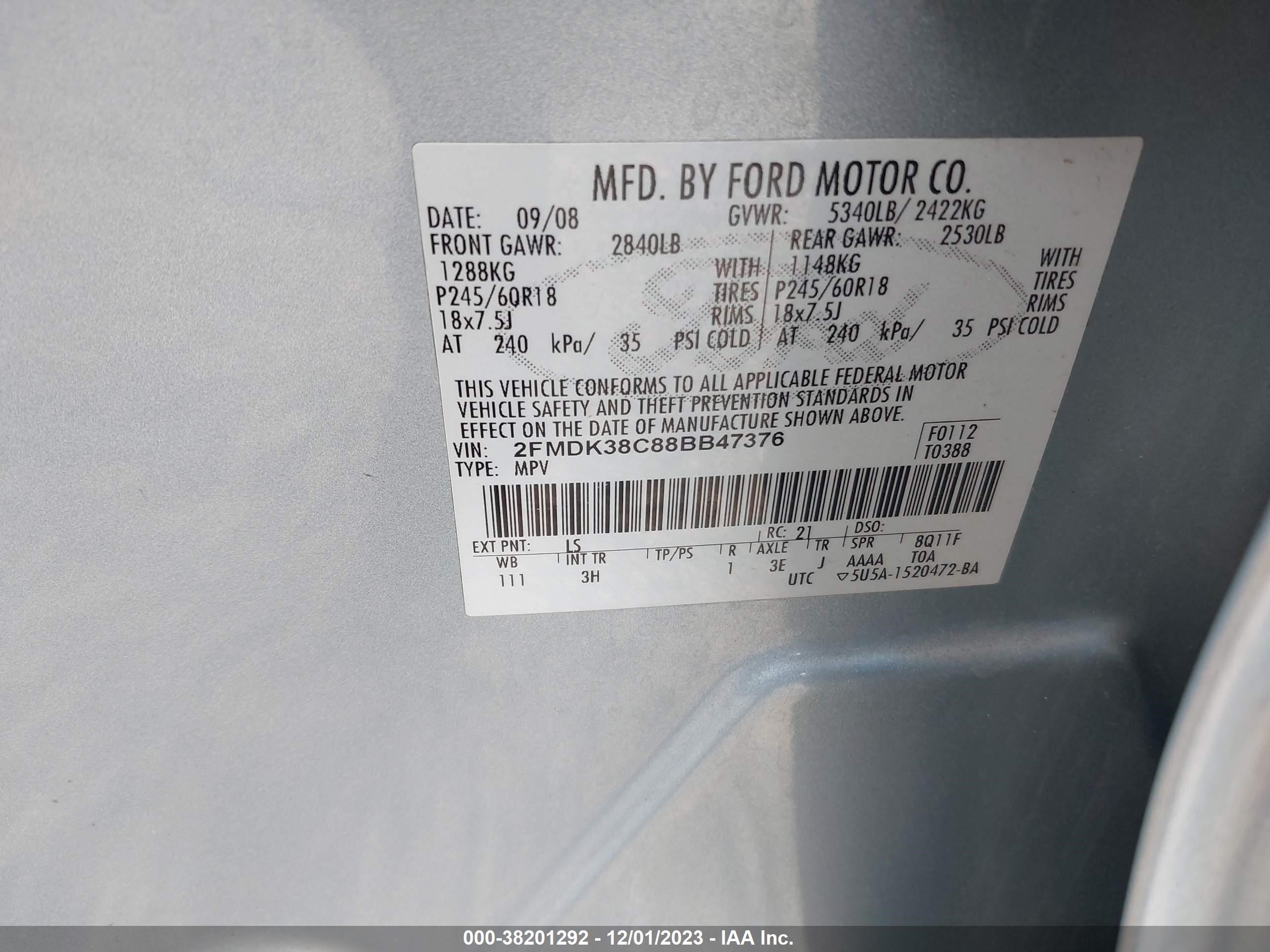 Photo 8 VIN: 2FMDK38C88BB47376 - FORD EDGE 