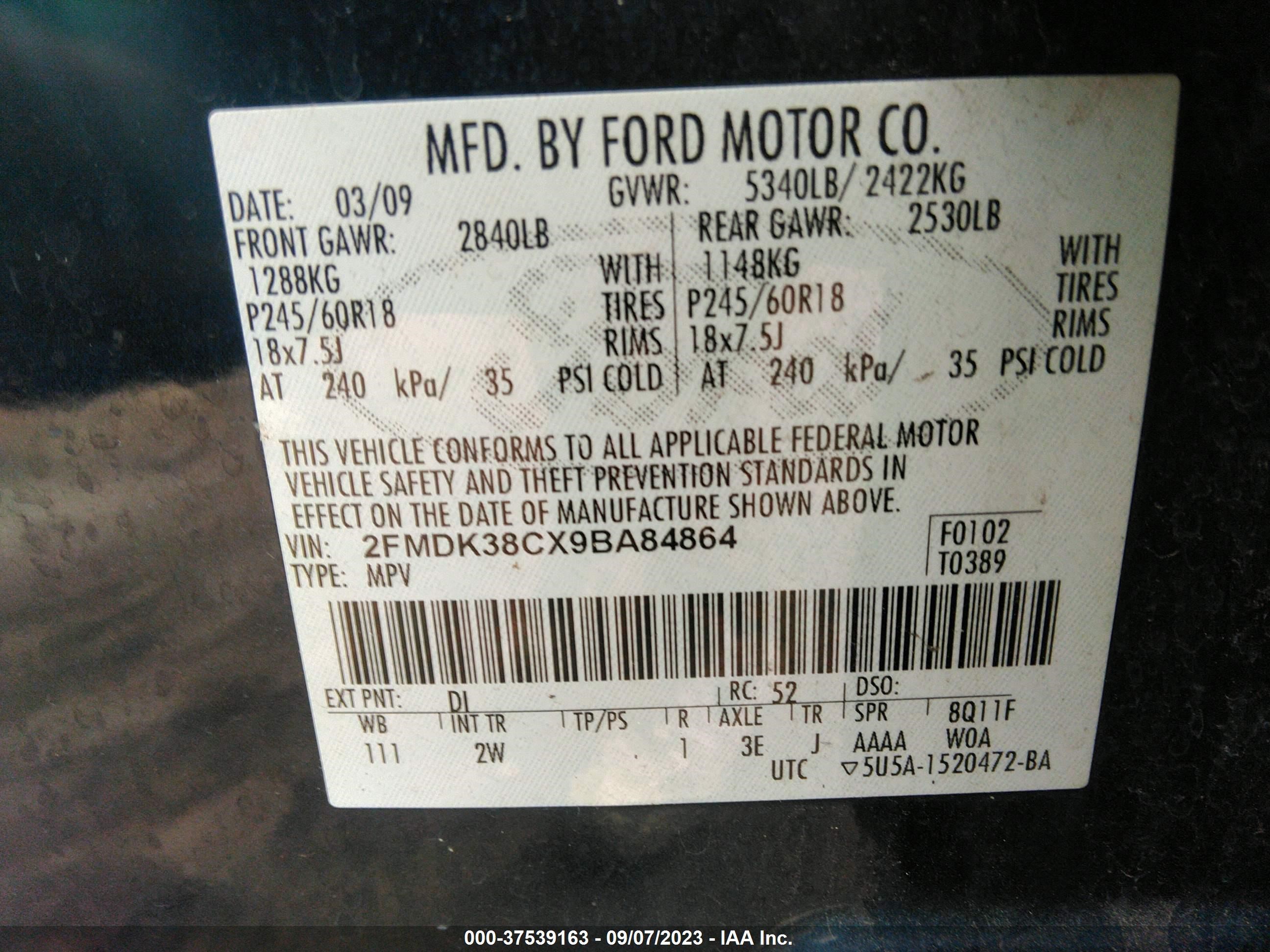 Photo 8 VIN: 2FMDK38CX9BA84864 - FORD EDGE 