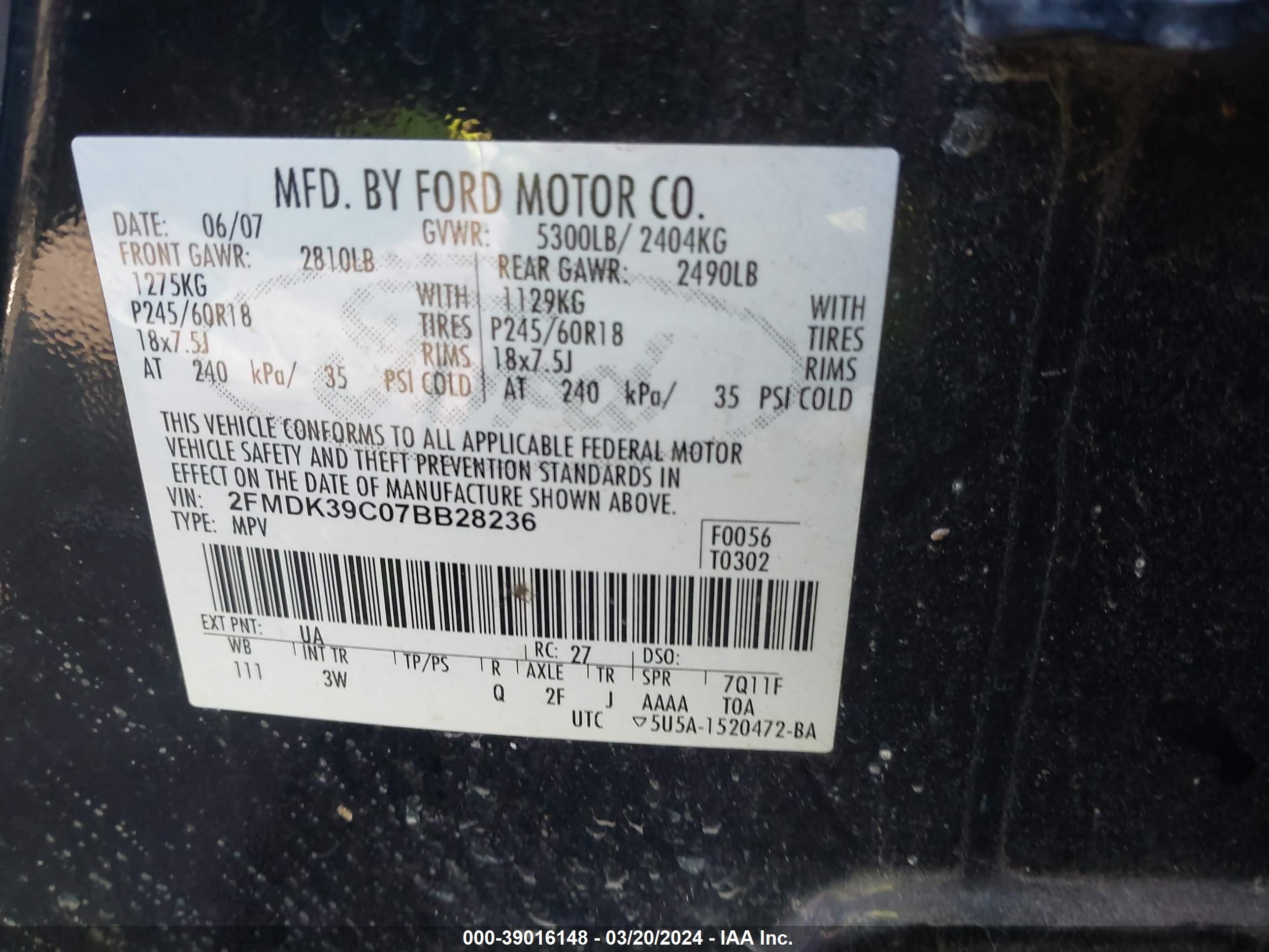 Photo 8 VIN: 2FMDK39C07BB28236 - FORD EDGE 