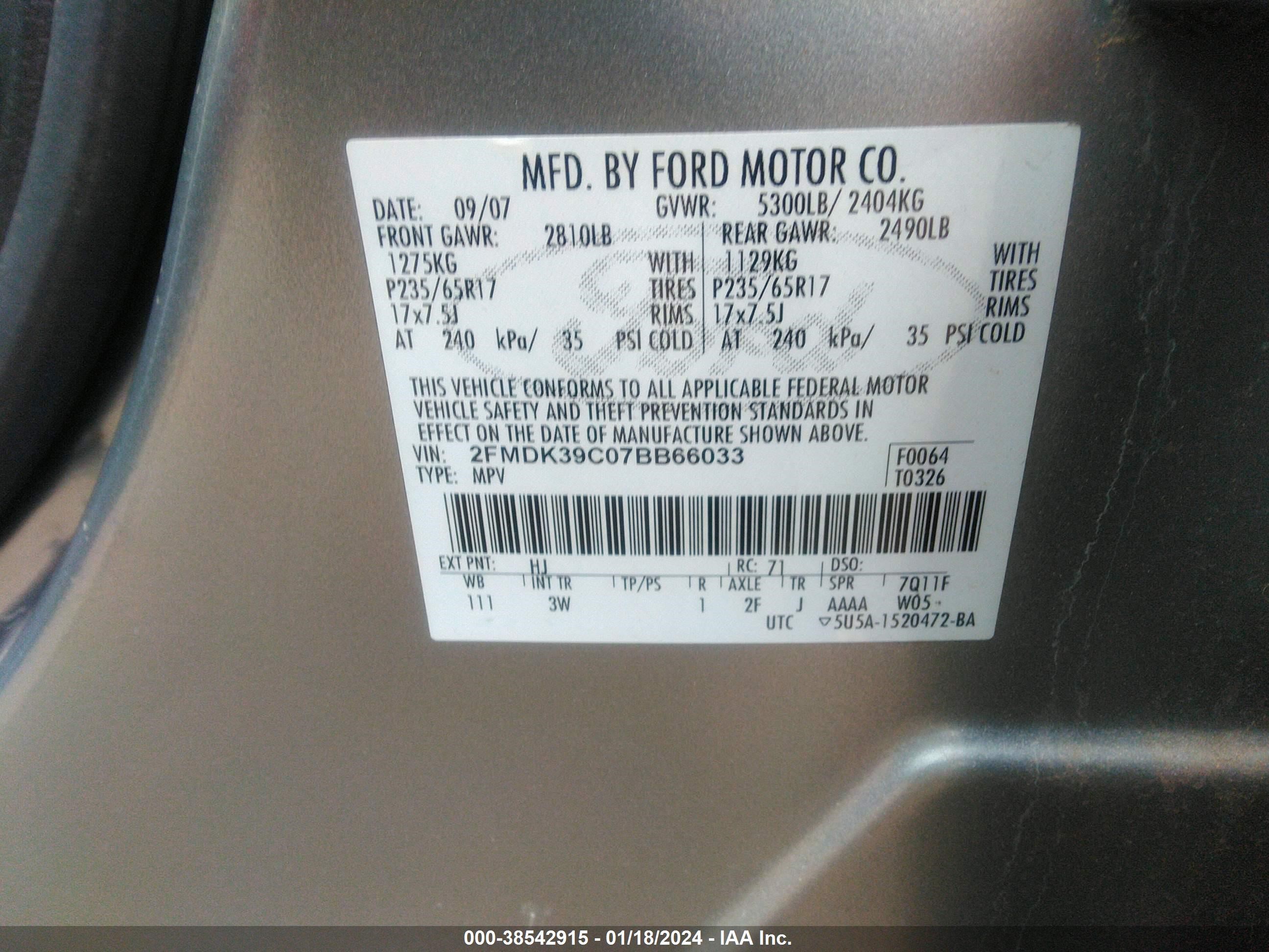 Photo 8 VIN: 2FMDK39C07BB66033 - FORD EDGE 