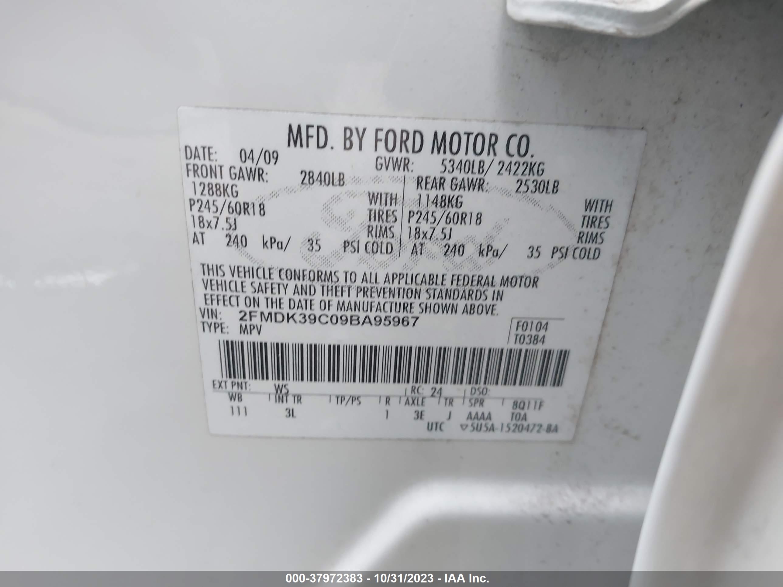 Photo 8 VIN: 2FMDK39C09BA95967 - FORD EDGE 