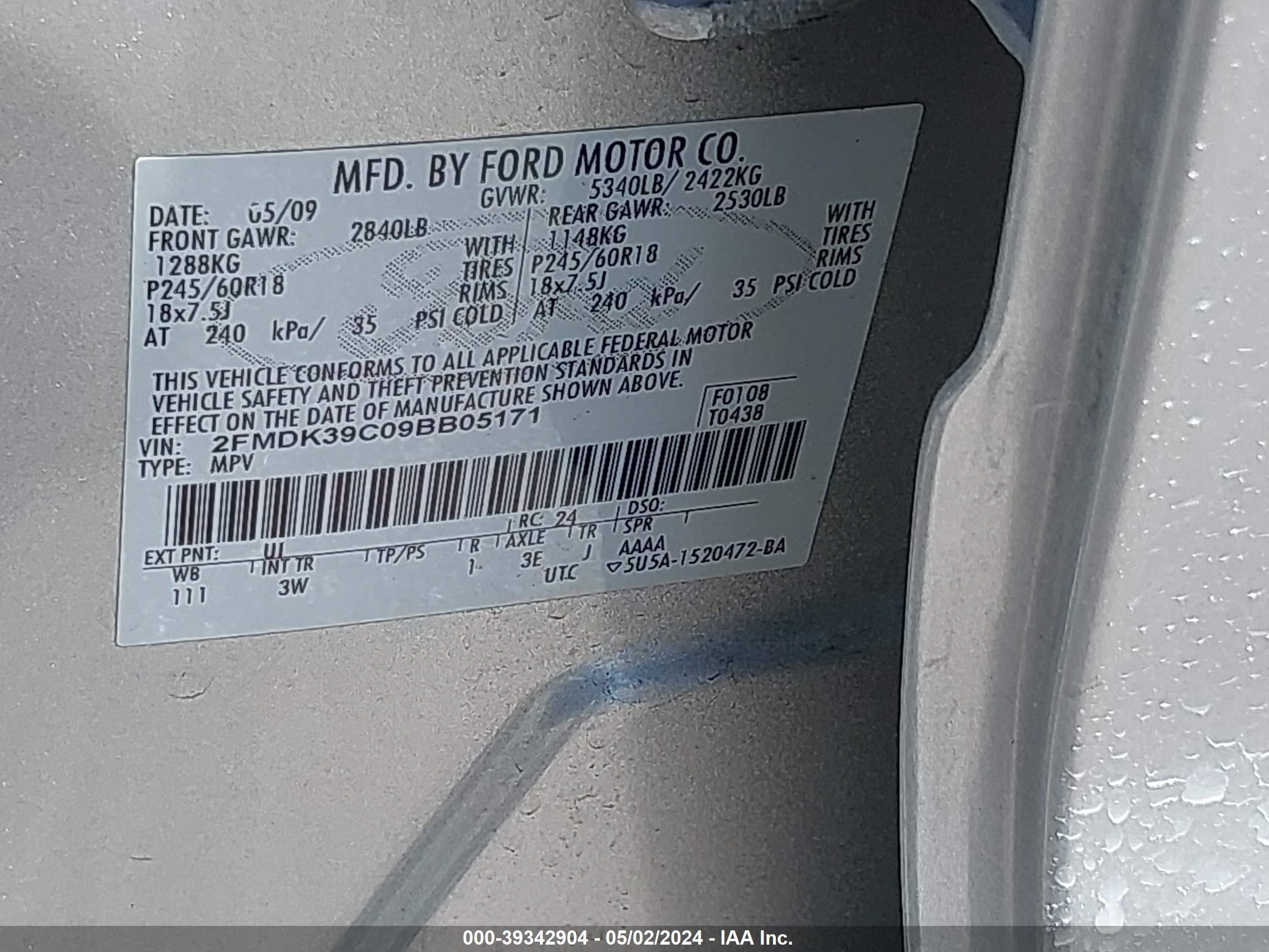 Photo 8 VIN: 2FMDK39C09BB05171 - FORD EDGE 