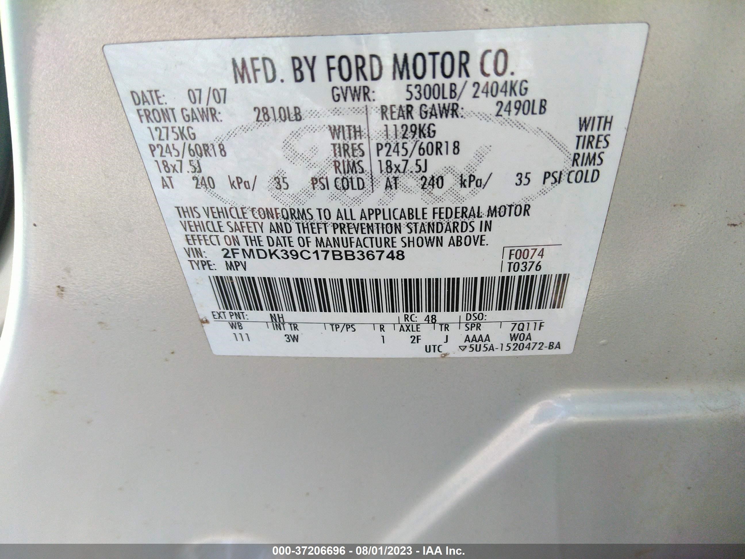 Photo 8 VIN: 2FMDK39C17BB36748 - FORD EDGE 