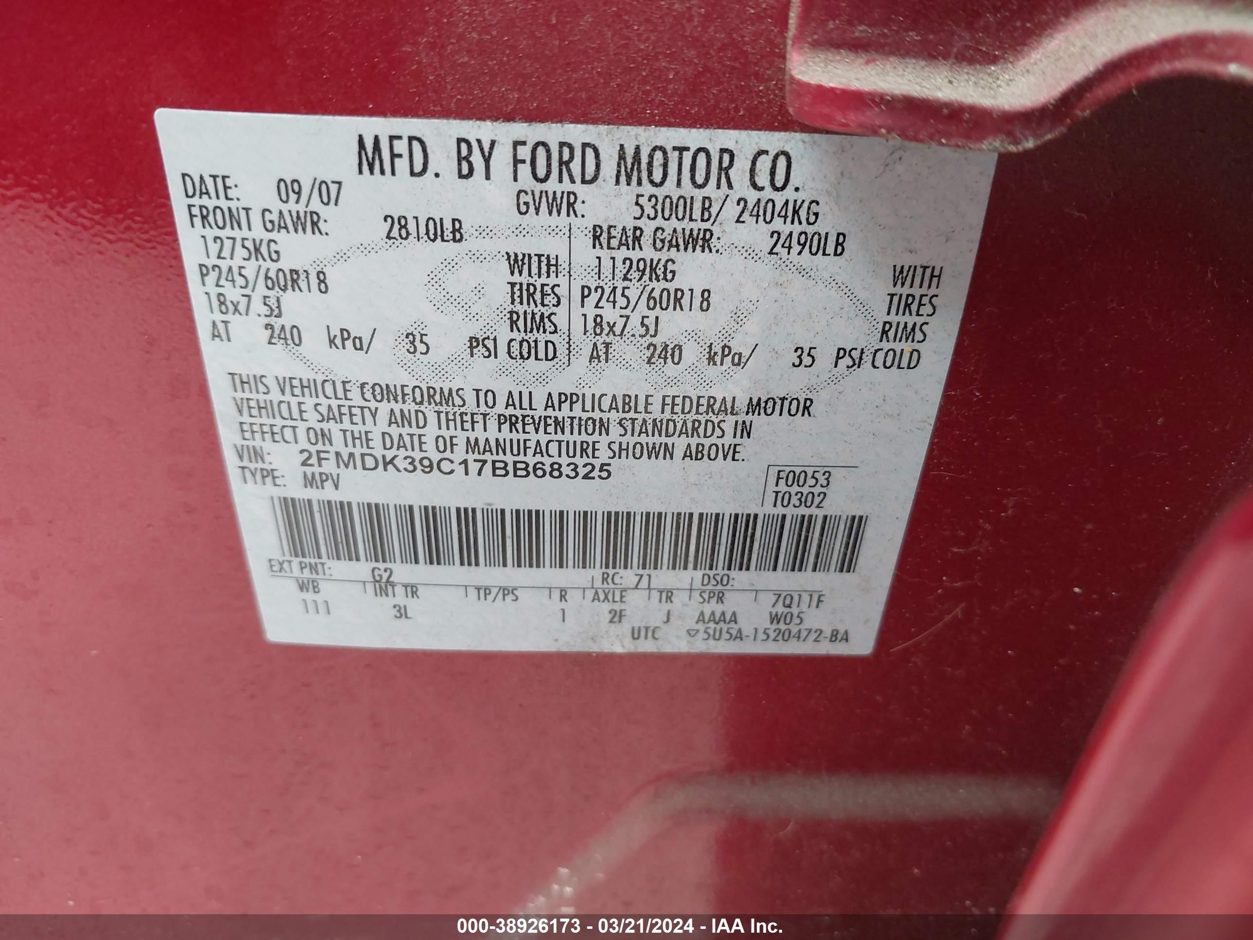 Photo 8 VIN: 2FMDK39C17BB68325 - FORD EDGE 