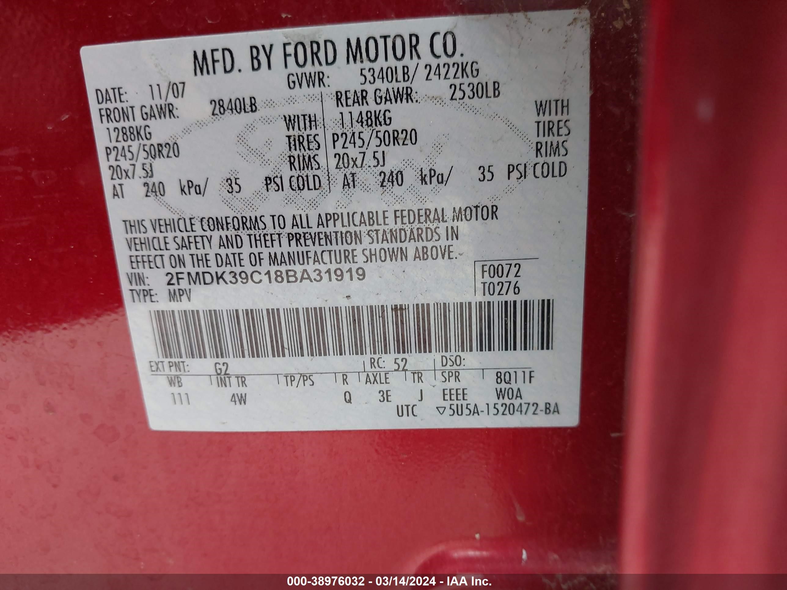 Photo 8 VIN: 2FMDK39C18BA31919 - FORD EDGE 