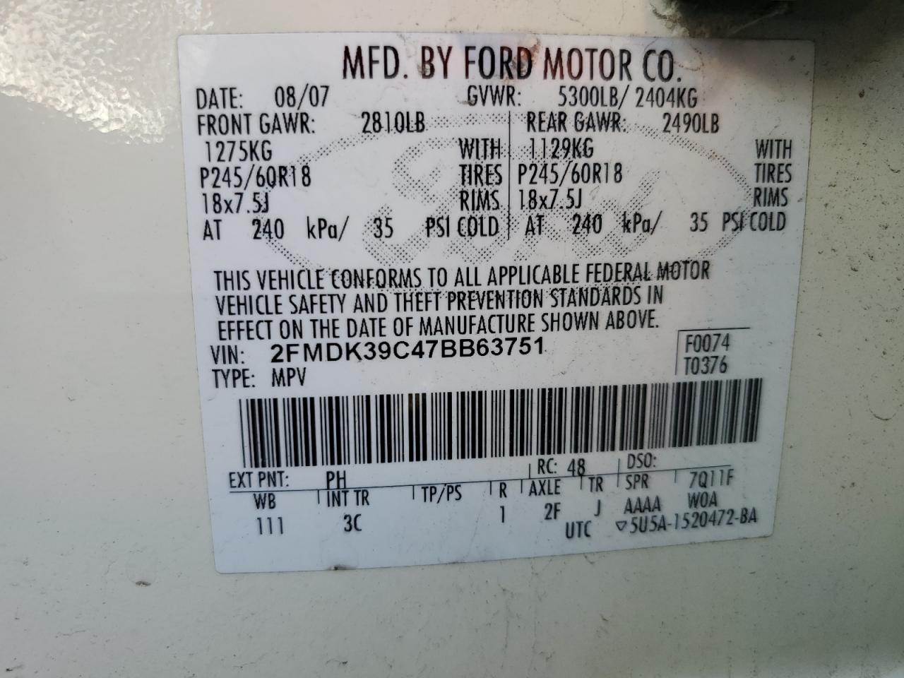 Photo 12 VIN: 2FMDK39C47BB63751 - FORD EDGE 