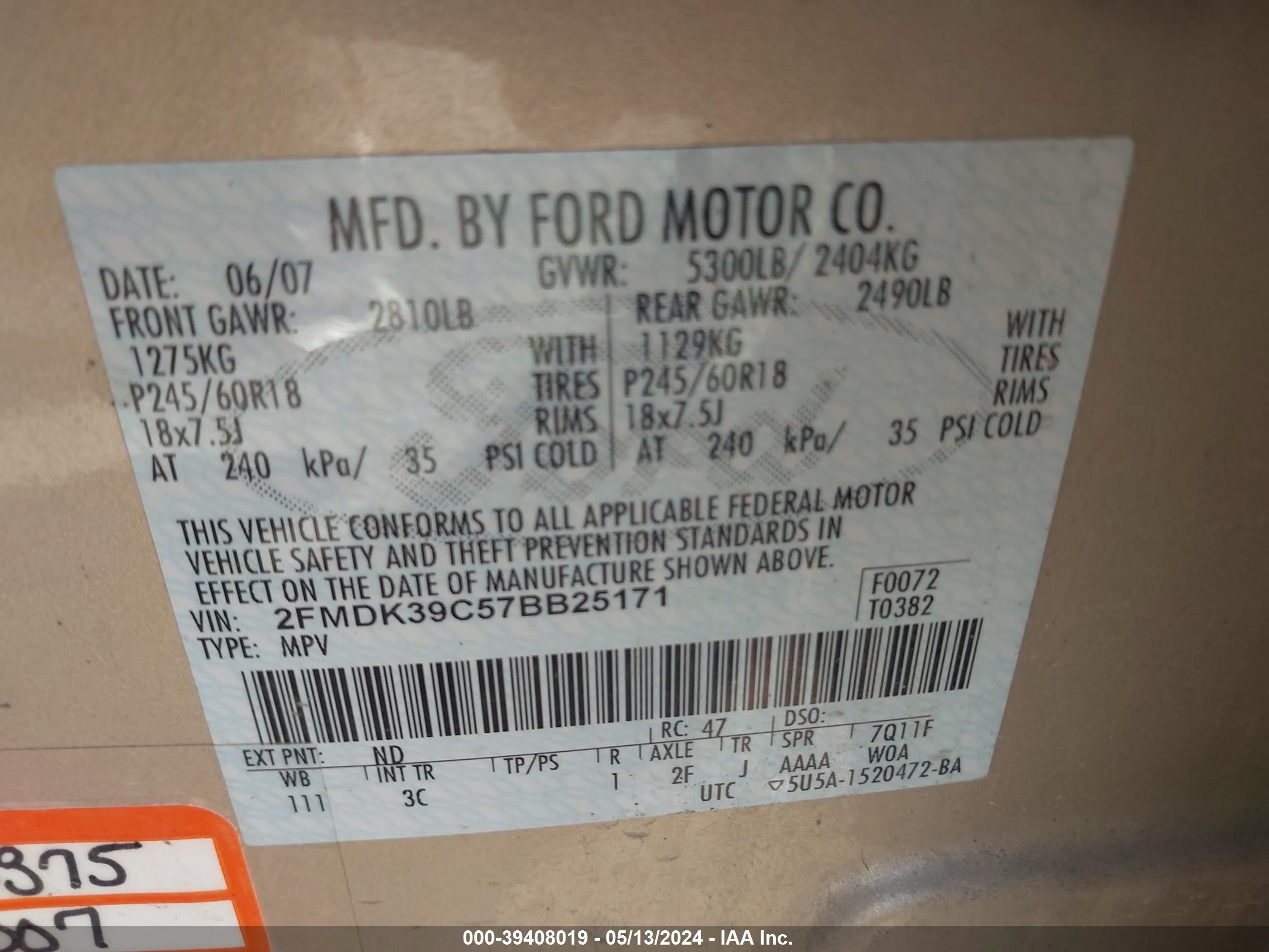 Photo 8 VIN: 2FMDK39C57BB25171 - FORD EDGE 