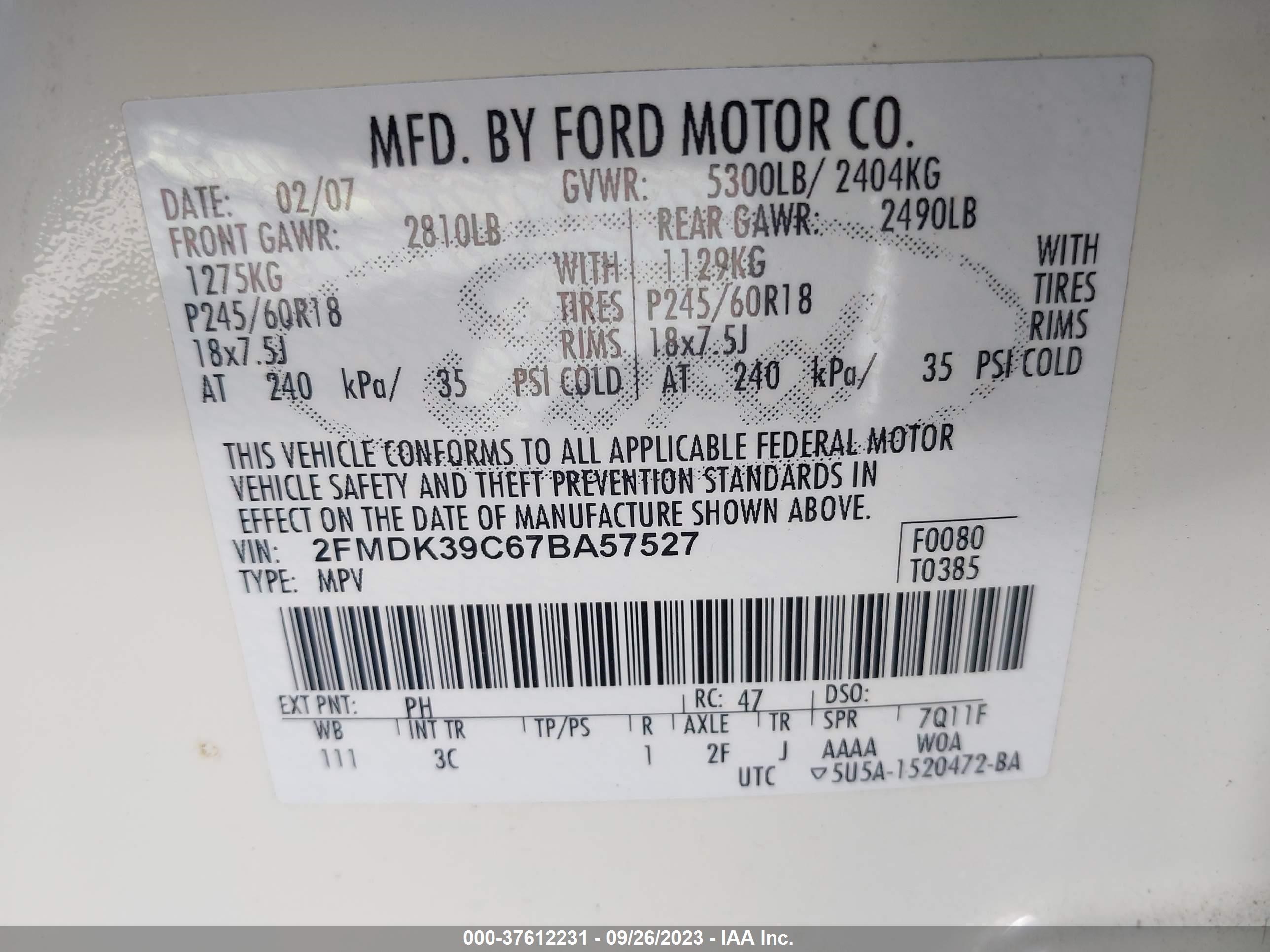 Photo 8 VIN: 2FMDK39C67BA57527 - FORD EDGE 