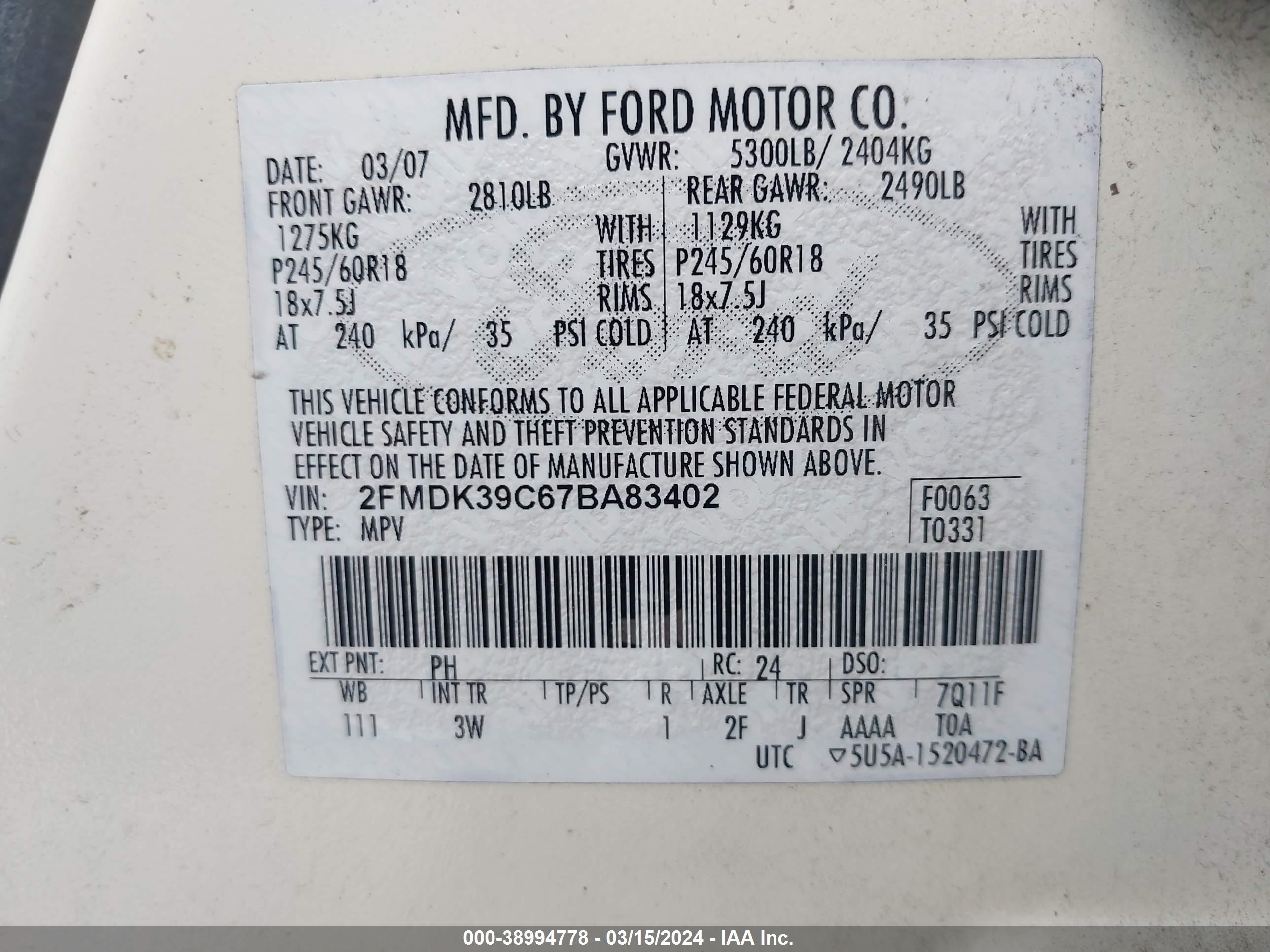 Photo 8 VIN: 2FMDK39C67BA83402 - FORD EDGE 