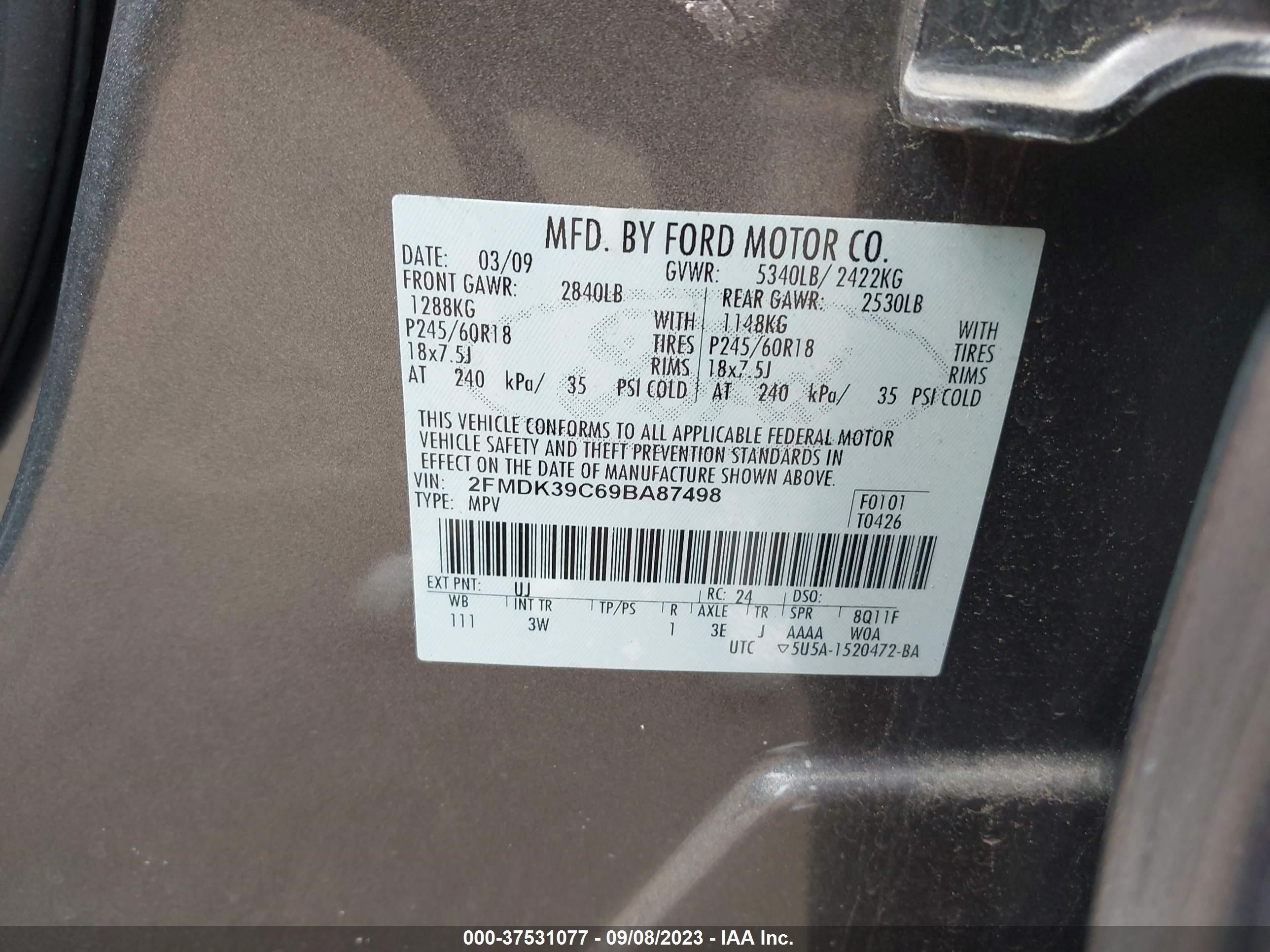 Photo 8 VIN: 2FMDK39C69BA87498 - FORD EDGE 