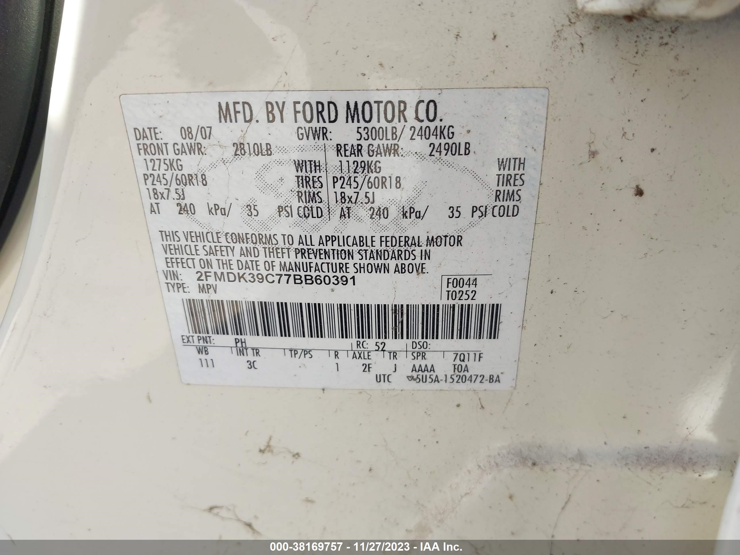 Photo 8 VIN: 2FMDK39C77BB60391 - FORD EDGE 