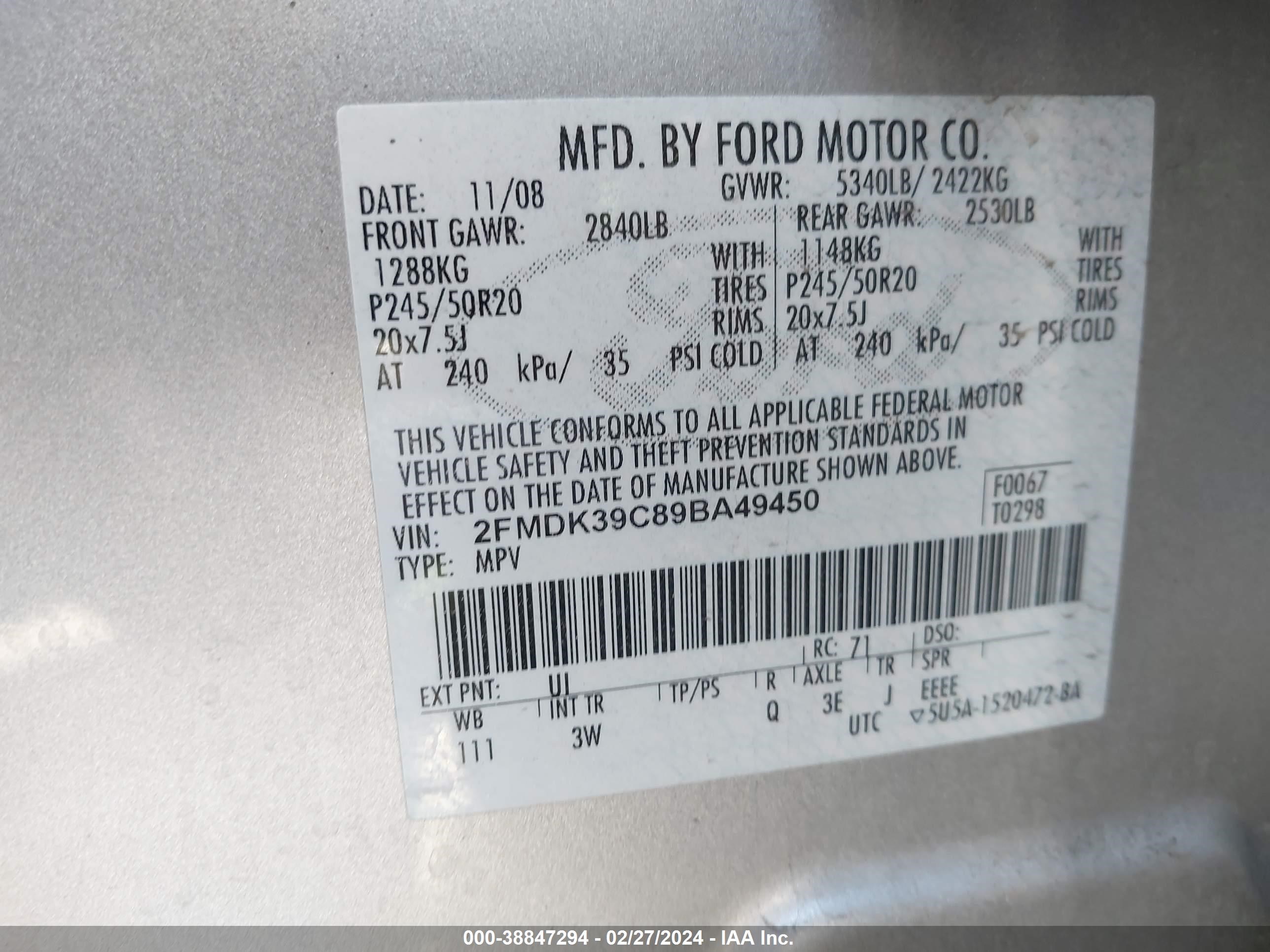 Photo 8 VIN: 2FMDK39C89BA49450 - FORD EDGE 