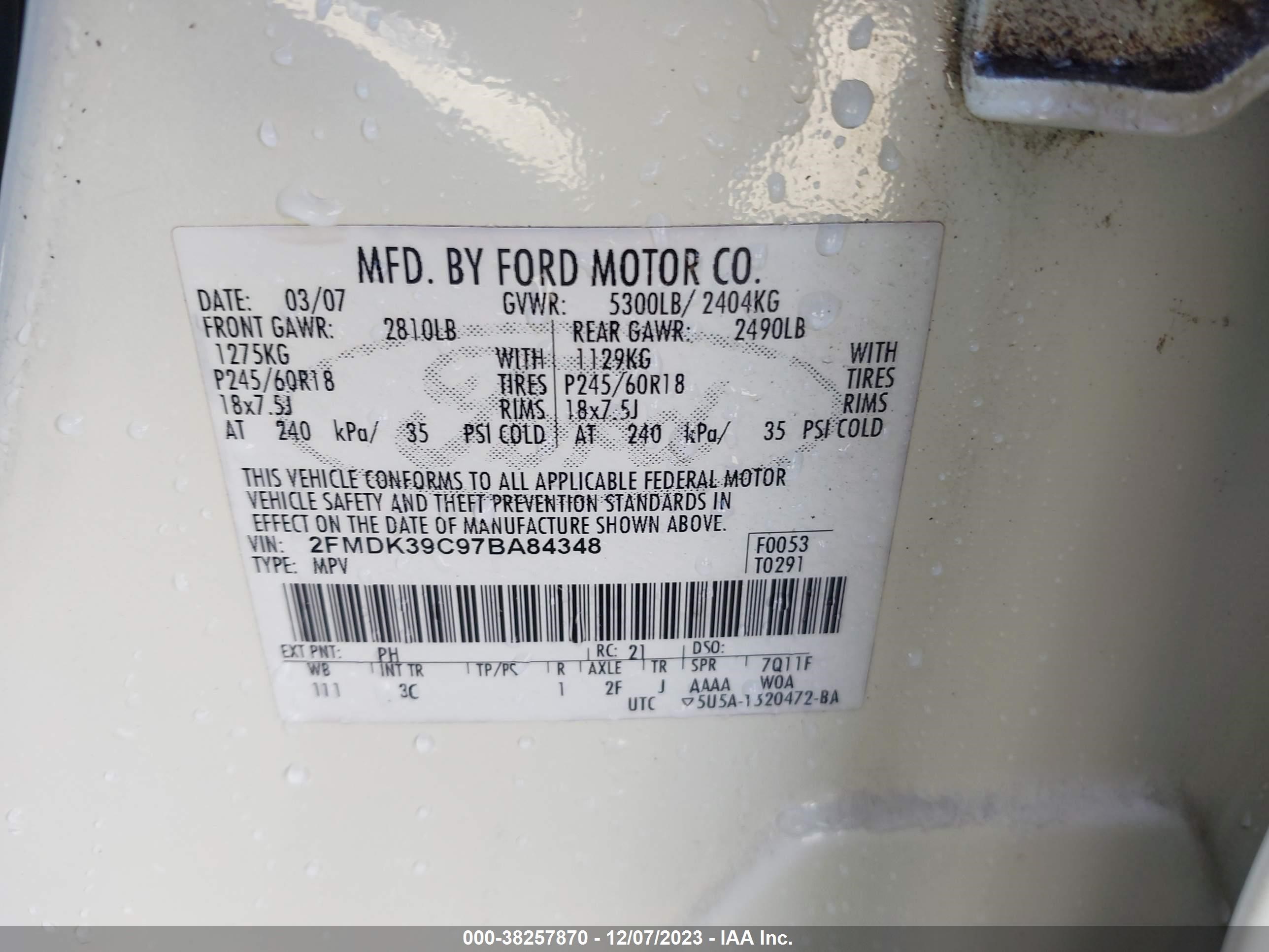 Photo 8 VIN: 2FMDK39C97BA84348 - FORD EDGE 