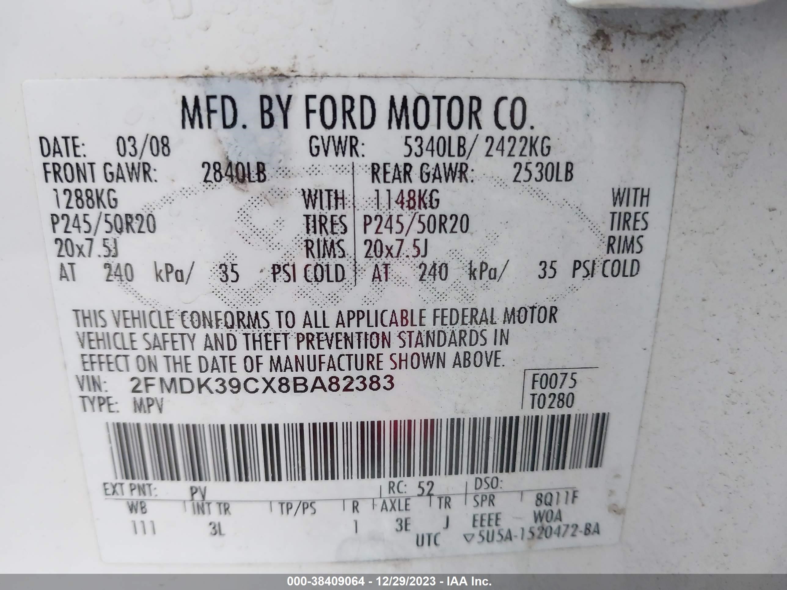 Photo 8 VIN: 2FMDK39CX8BA82383 - FORD EDGE 