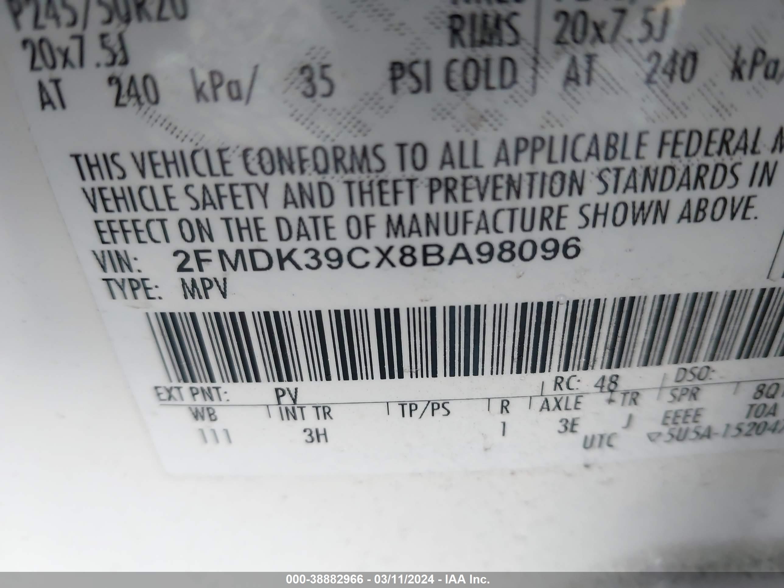 Photo 8 VIN: 2FMDK39CX8BA98096 - FORD EDGE 