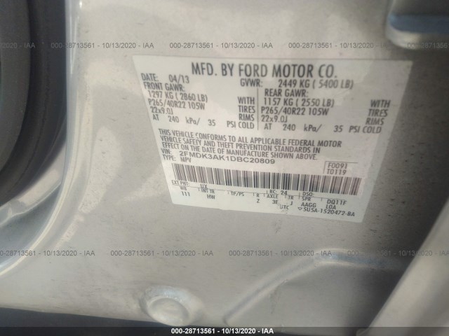 Photo 8 VIN: 2FMDK3AK1DBC20809 - FORD EDGE 