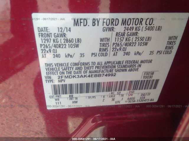 Photo 8 VIN: 2FMDK3AK4EBB74992 - FORD EDGE 