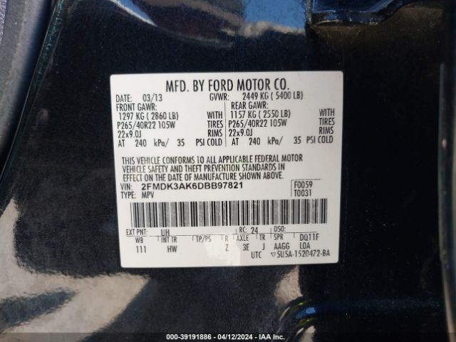 Photo 8 VIN: 2FMDK3AK6DBB97821 - FORD EDGE 