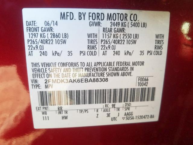 Photo 9 VIN: 2FMDK3AK6EBA88308 - FORD EDGE SPORT 