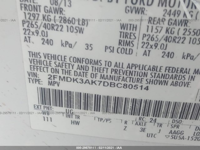 Photo 8 VIN: 2FMDK3AK7DBC80514 - FORD EDGE 