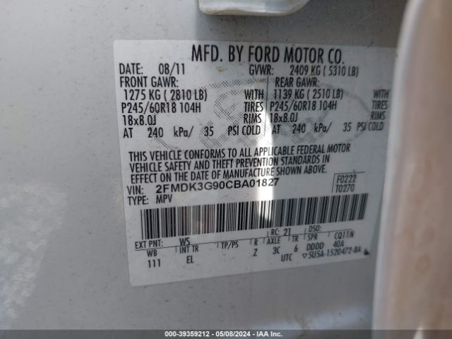 Photo 8 VIN: 2FMDK3G90CBA01827 - FORD EDGE 