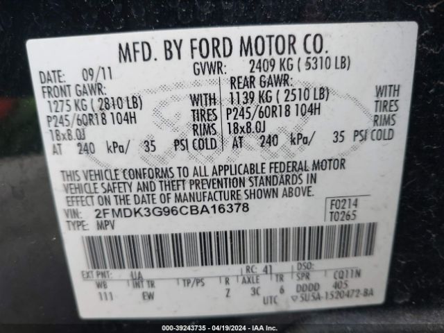 Photo 8 VIN: 2FMDK3G96CBA16378 - FORD EDGE 