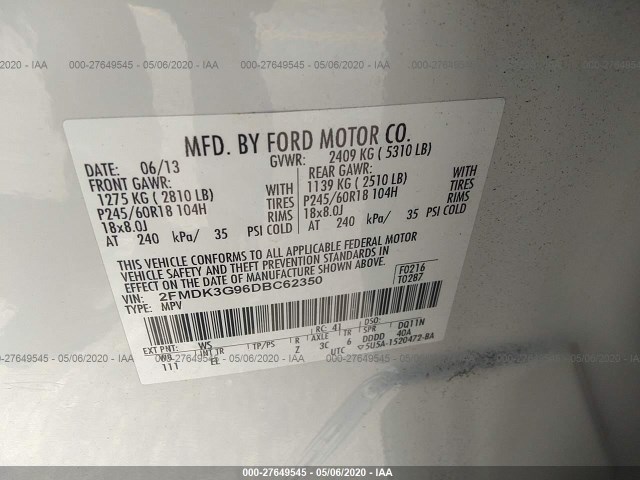 Photo 8 VIN: 2FMDK3G96DBC62350 - FORD EDGE 