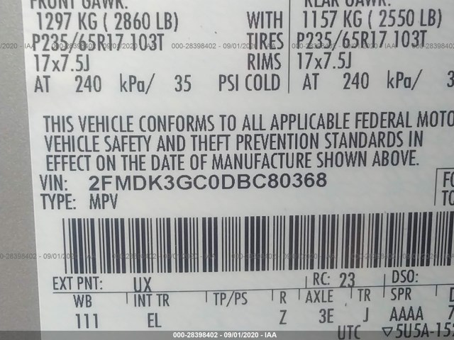 Photo 8 VIN: 2FMDK3GC0DBC80368 - FORD EDGE 