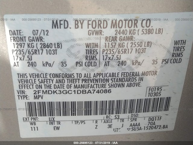 Photo 8 VIN: 2FMDK3GC1DBA74086 - FORD EDGE 