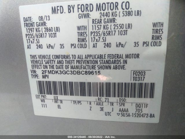 Photo 8 VIN: 2FMDK3GC3DBC89615 - FORD EDGE 