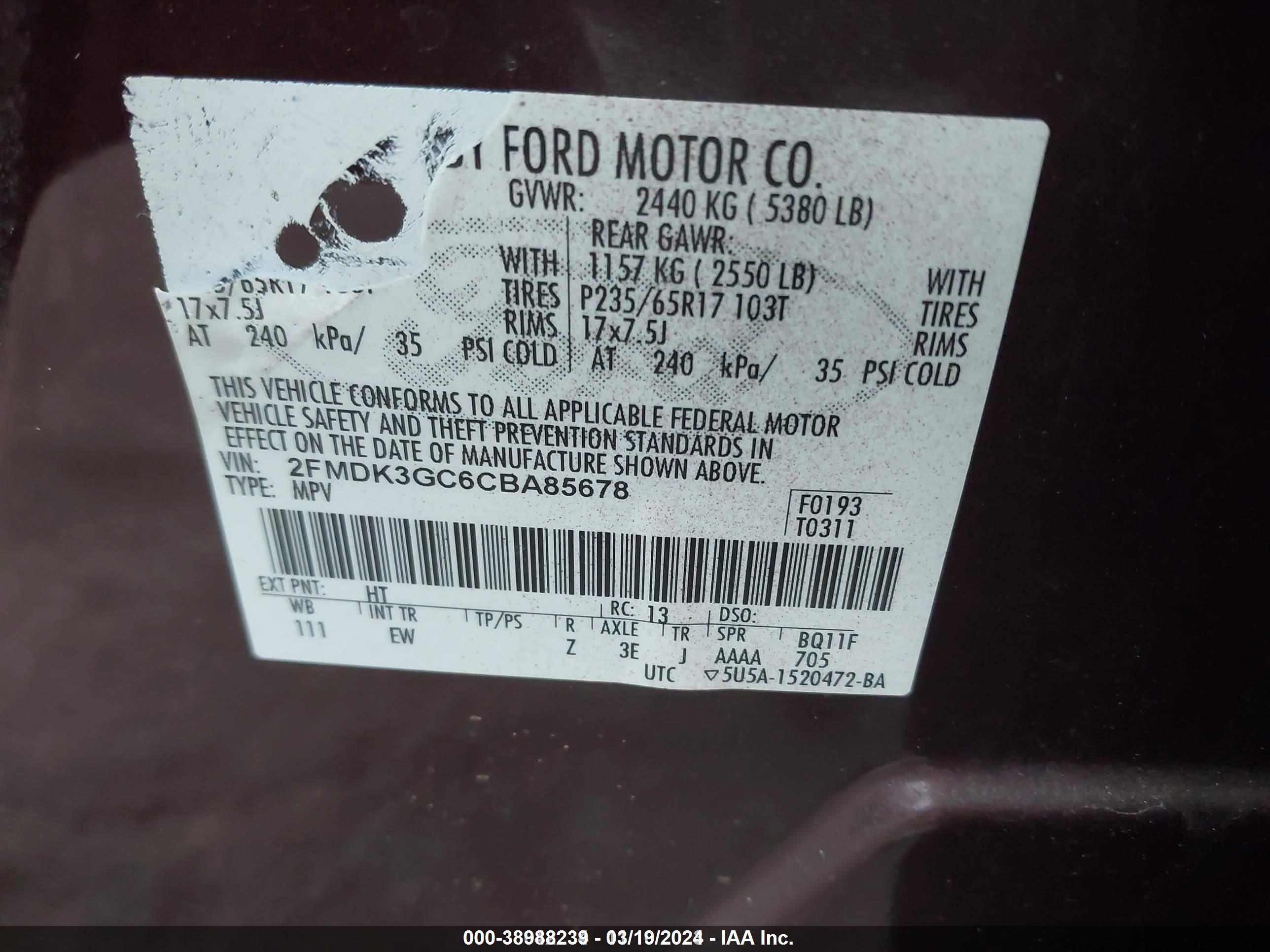 Photo 8 VIN: 2FMDK3GC6CBA85678 - FORD EDGE 