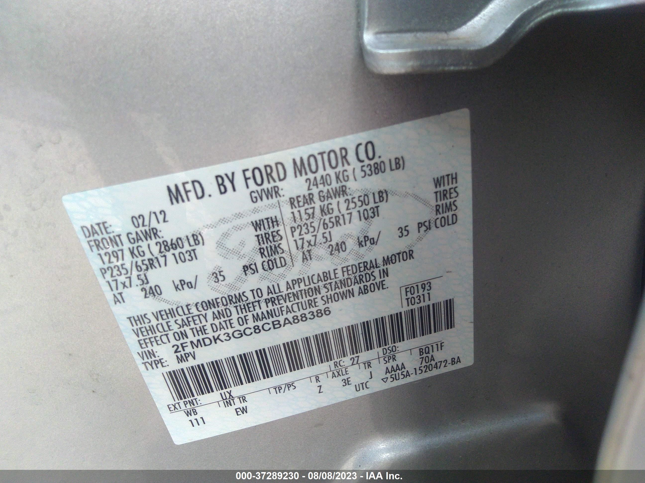 Photo 8 VIN: 2FMDK3GC8CBA88386 - FORD EDGE 