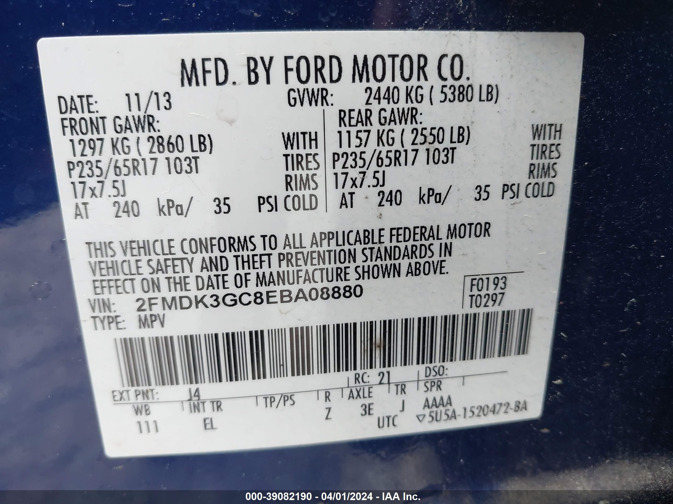 Photo 8 VIN: 2FMDK3GC8EBA08880 - FORD EDGE 