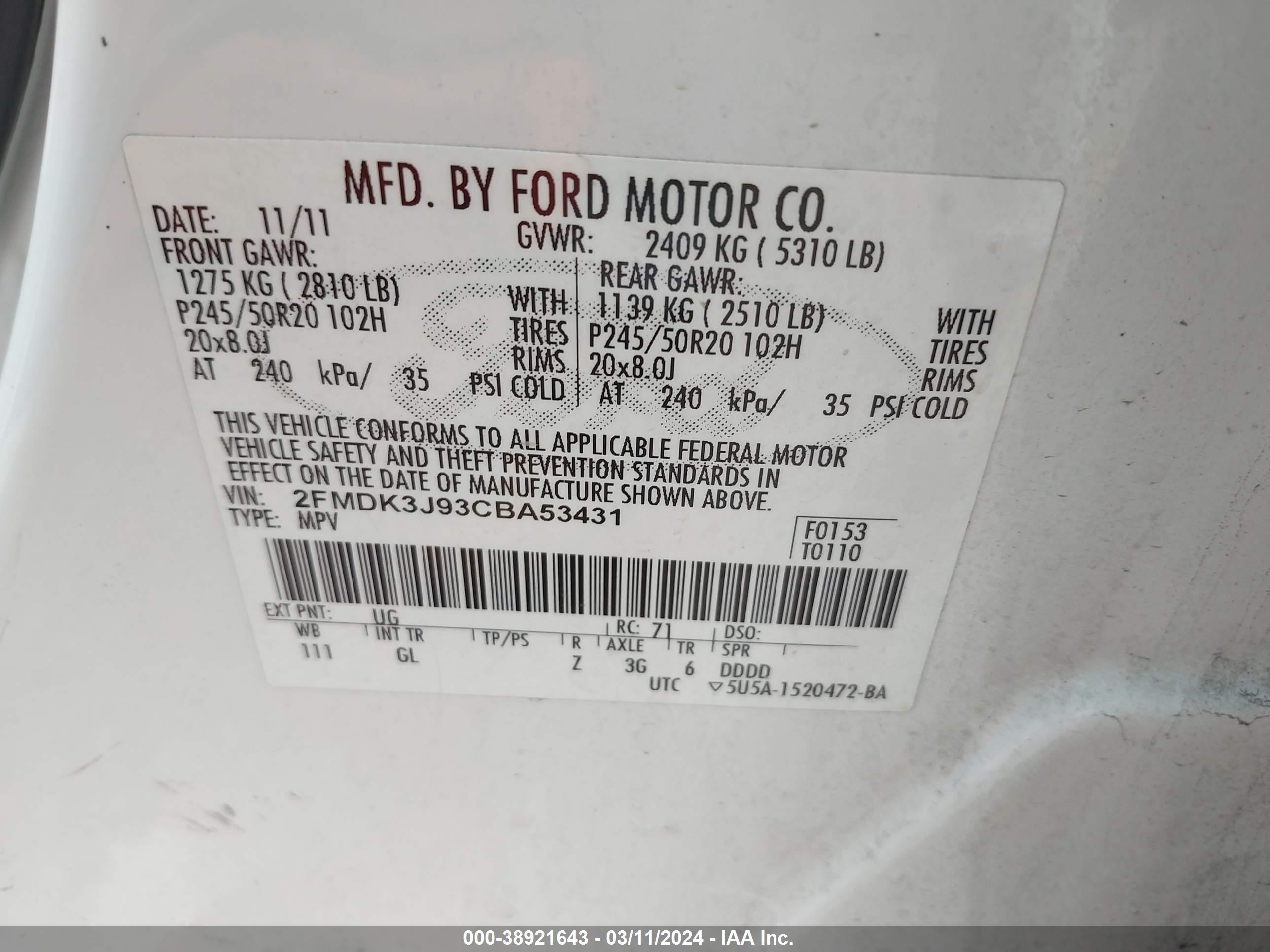 Photo 8 VIN: 2FMDK3J93CBA53431 - FORD EDGE 