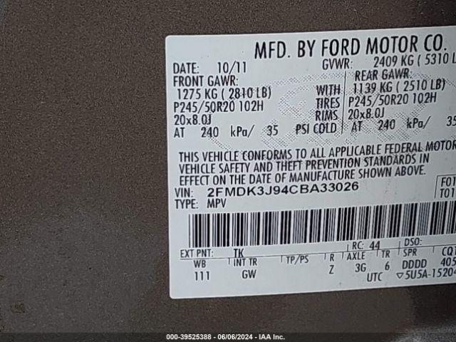 Photo 8 VIN: 2FMDK3J94CBA33026 - FORD EDGE 