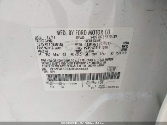 Photo 8 VIN: 2FMDK3J94CBA58525 - FORD EDGE 