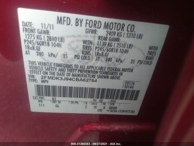 Photo 8 VIN: 2FMDK3J94CBA62784 - FORD EDGE 