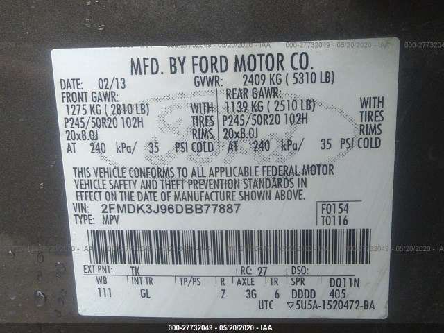 Photo 8 VIN: 2FMDK3J96DBB77887 - FORD EDGE 