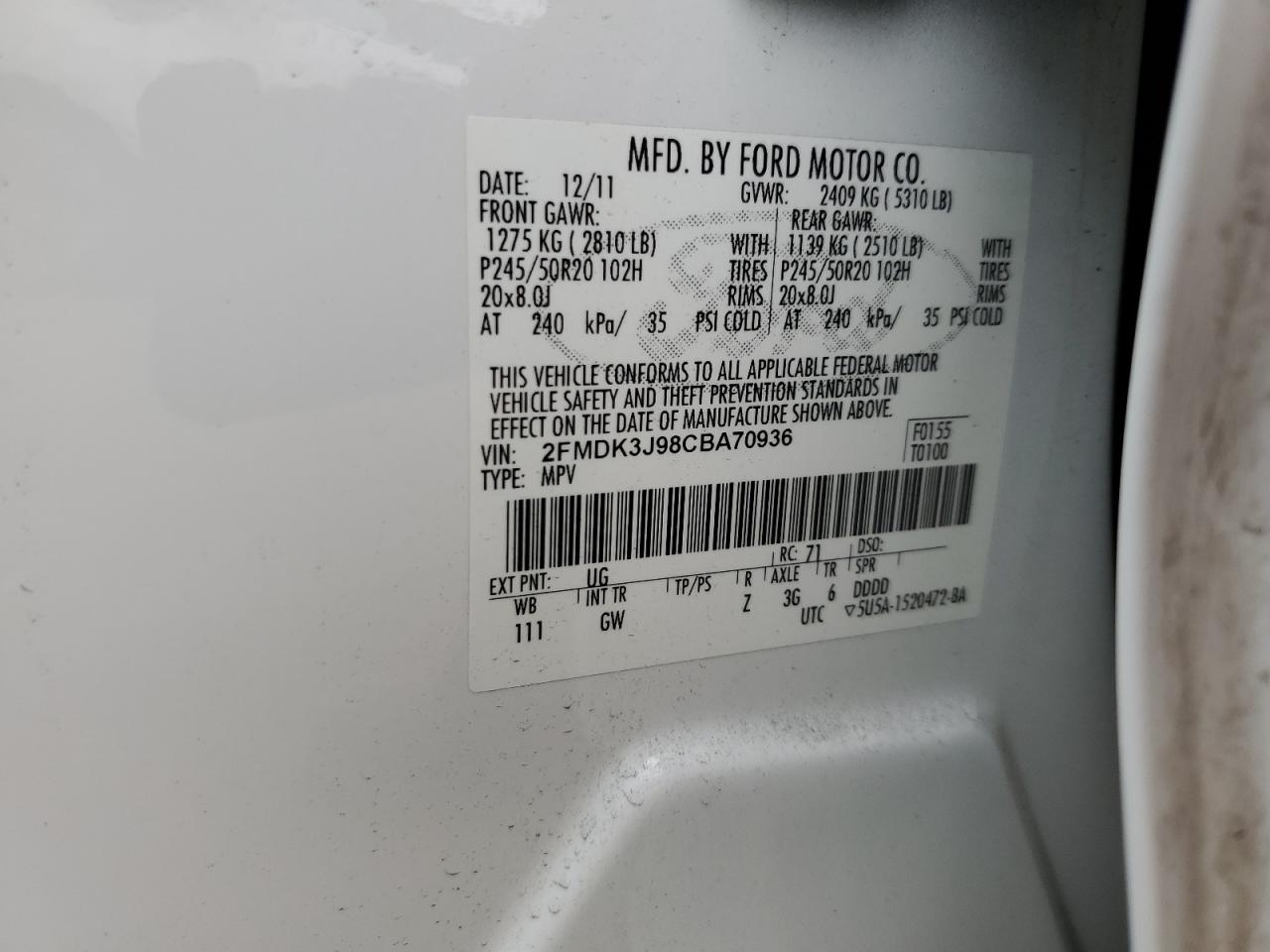 Photo 13 VIN: 2FMDK3J98CBA70936 - FORD EDGE 