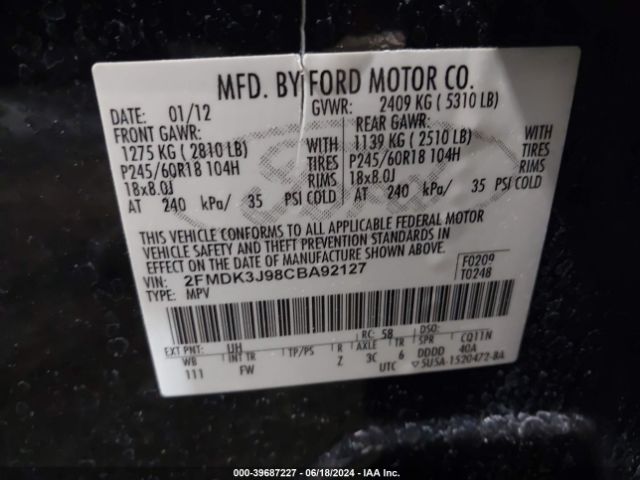 Photo 8 VIN: 2FMDK3J98CBA92127 - FORD EDGE 