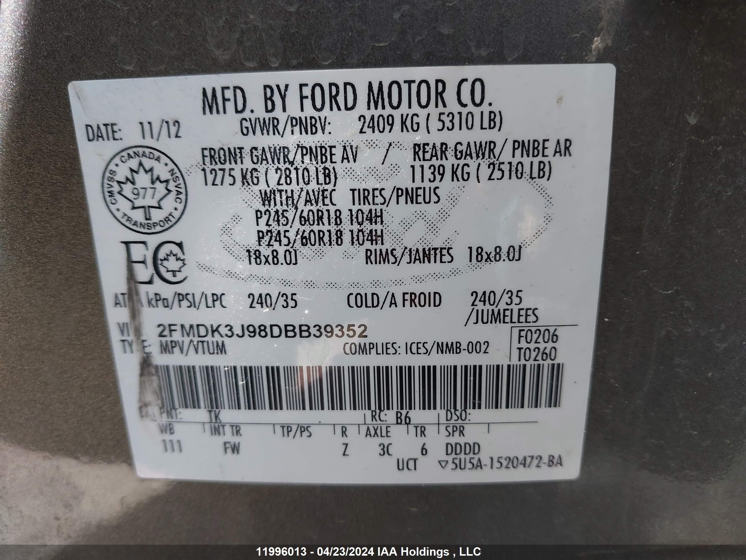 Photo 8 VIN: 2FMDK3J98DBB39352 - FORD EDGE 