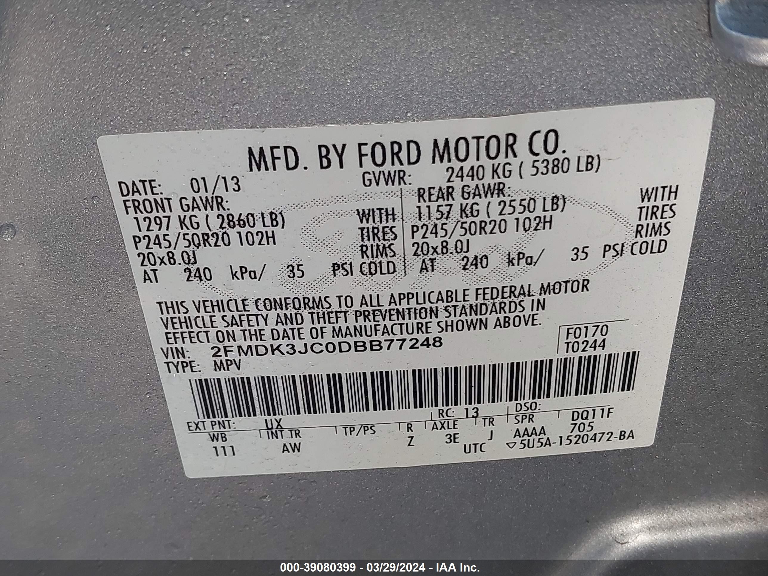 Photo 8 VIN: 2FMDK3JC0DBB77248 - FORD EDGE 